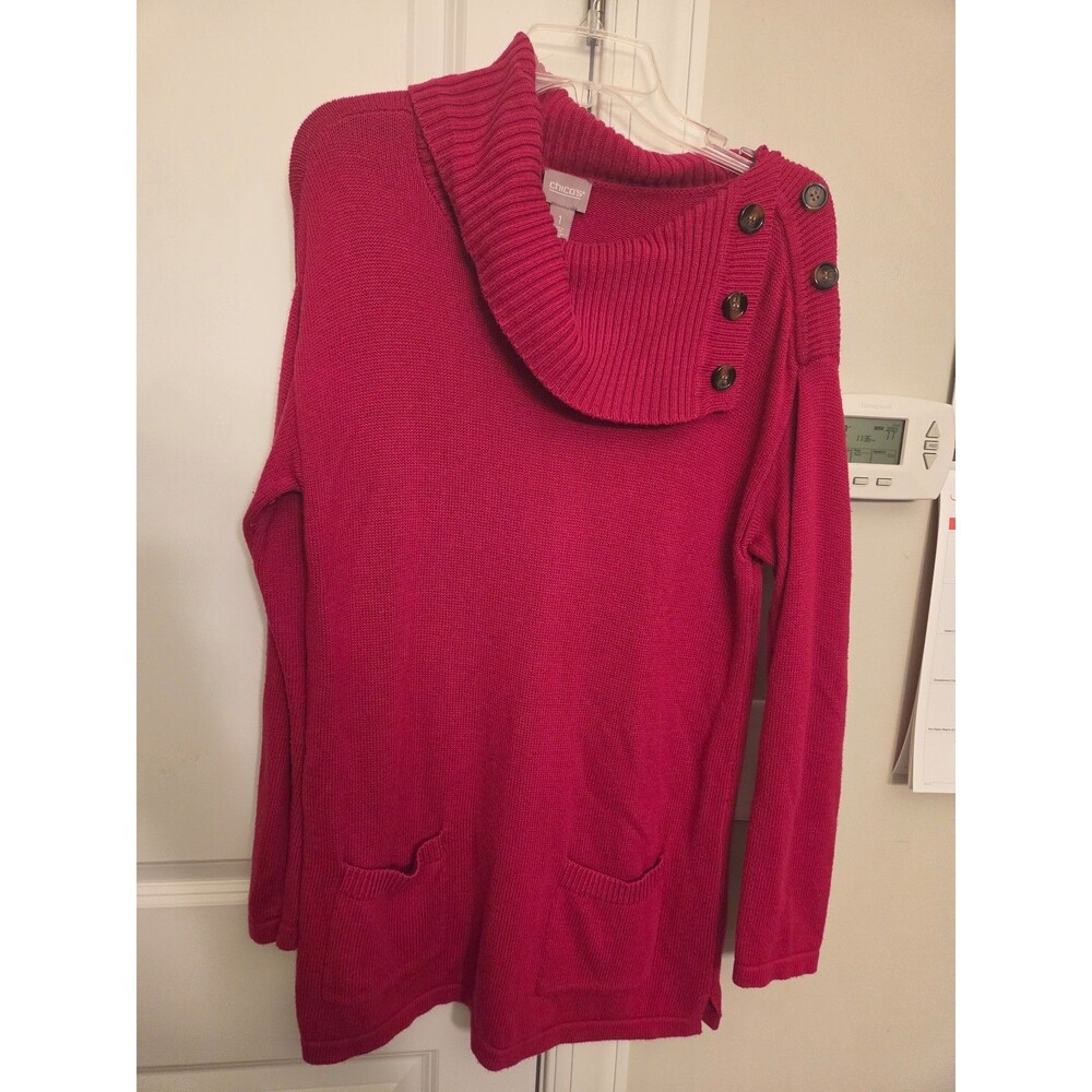Chico's Bright Pink Tunic Sweater w/ Cowlneck & Decorative Buttons Size 1 US 8